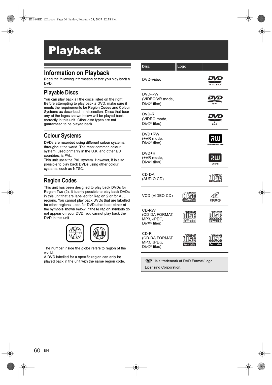 Toshiba RD-XV47KE manual Information on Playback, Playable Discs, Colour Systems, Region Codes, 60 EN 