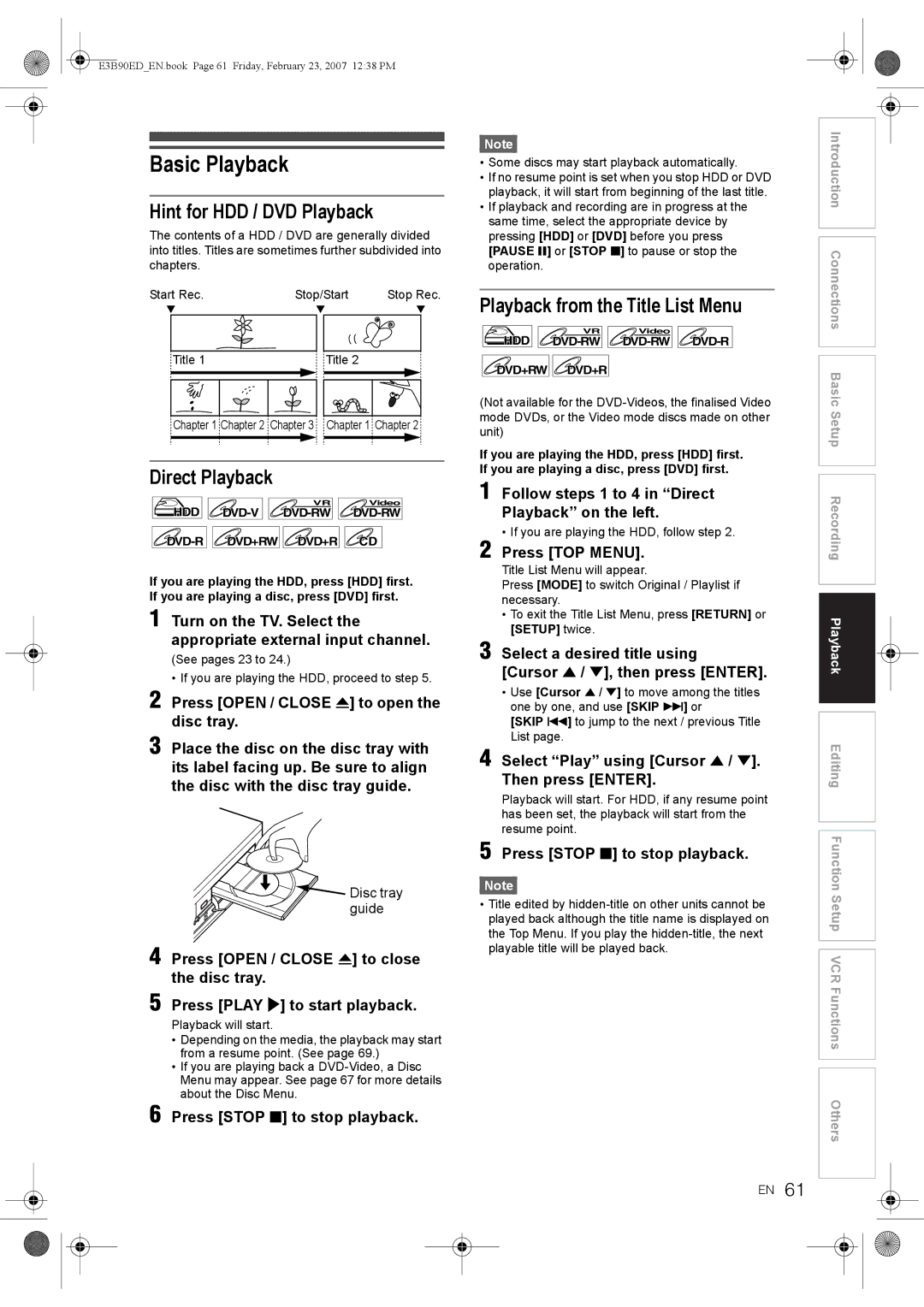 Toshiba RD-XV47KE manual Basic Playback, Hint for HDD / DVD Playback, Direct Playback, Playback from the Title List Menu 