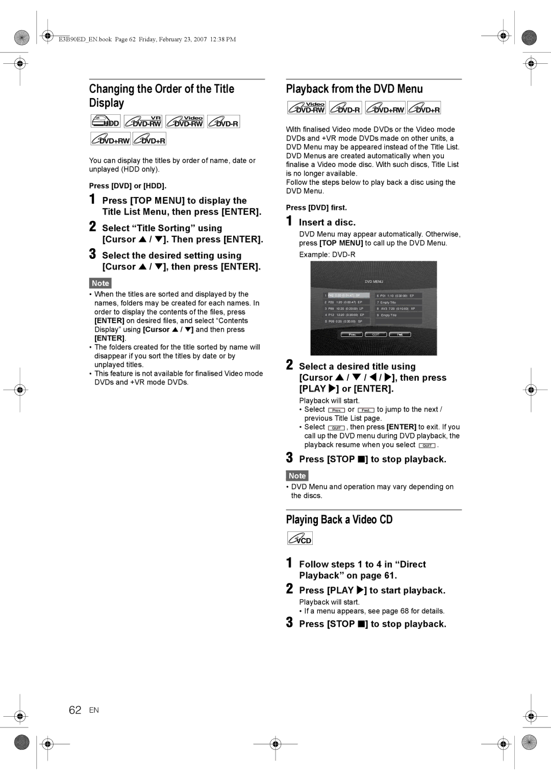 Toshiba RD-XV47KE Changing the Order of the Title Display, Playback from the DVD Menu, Playing Back a Video CD, 62 EN 