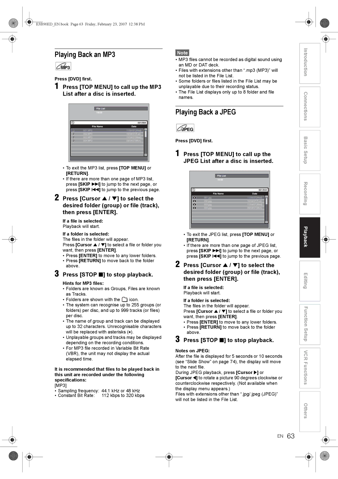 Toshiba RD-XV47KE manual Playing Back an MP3, Playing Back a Jpeg, If a file is selected, If a folder is selected 