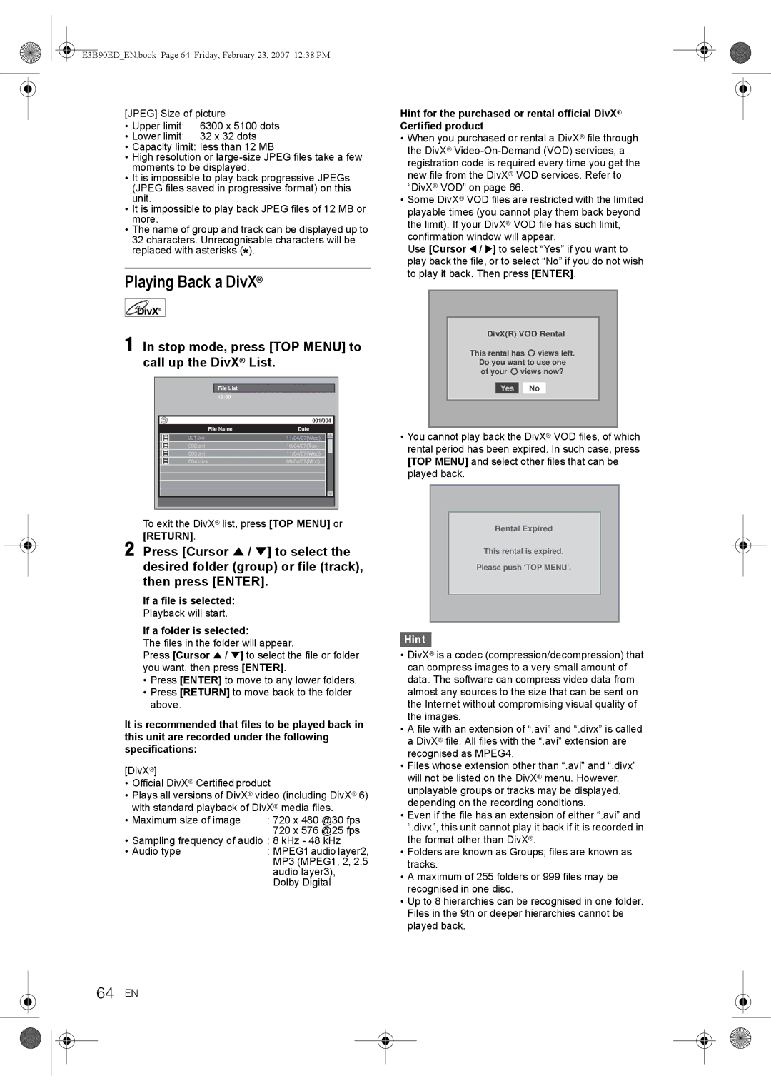 Toshiba RD-XV47KE manual Playing Back a DivX, 64 EN, Stop mode, press TOP Menu to call up the DivX List 