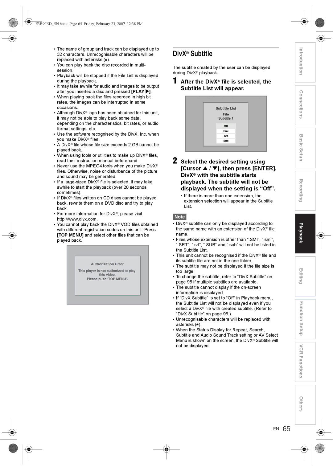 Toshiba RD-XV47KE manual DivX Subtitle 