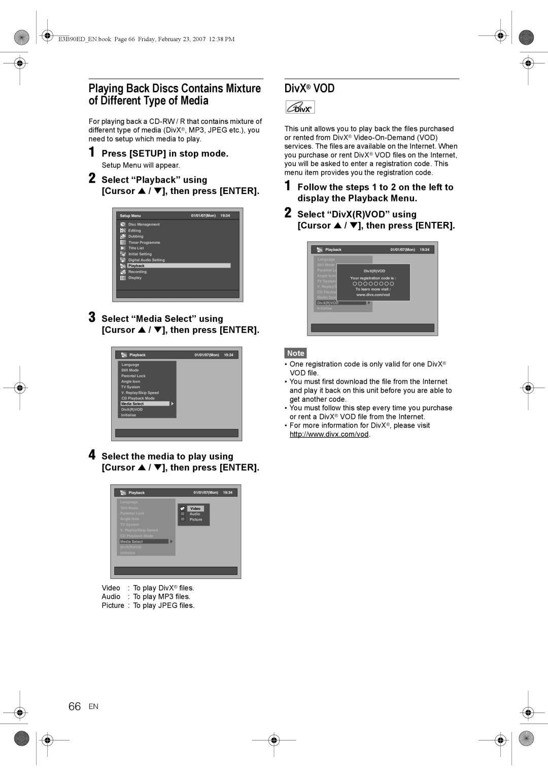 Toshiba RD-XV47KE manual DivX VOD, 66 EN, Select Playback using Cursor U / D, then press Enter 