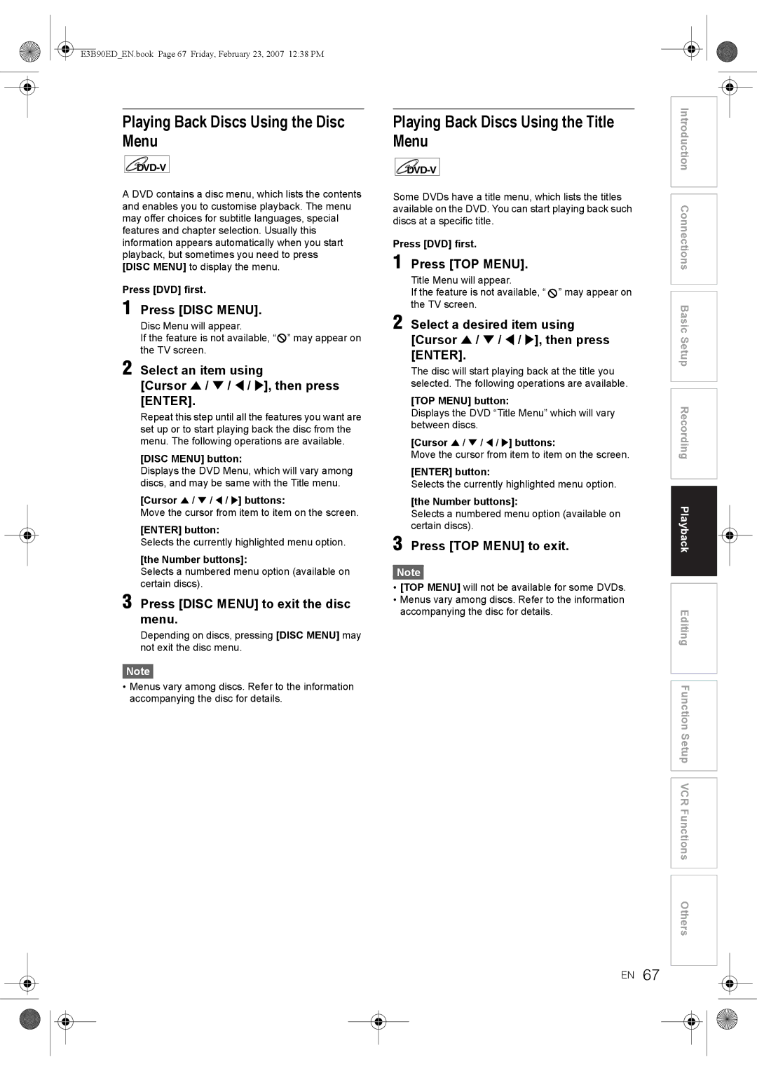 Toshiba RD-XV47KE manual Playing Back Discs Using the Disc Menu, Playing Back Discs Using the Title Menu 