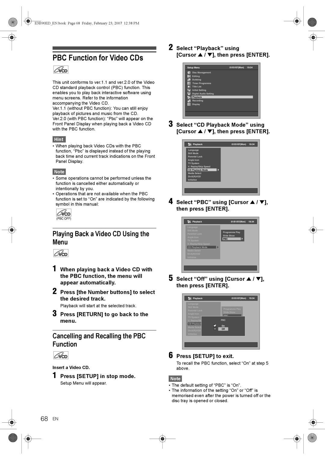 Toshiba RD-XV47KE manual PBC Function for Video CDs, Playing Back a Video CD Using, Menu, 68 EN 