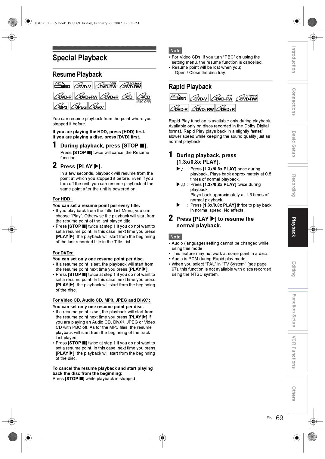 Toshiba RD-XV47KE manual Special Playback, Resume Playback, Rapid Playback 