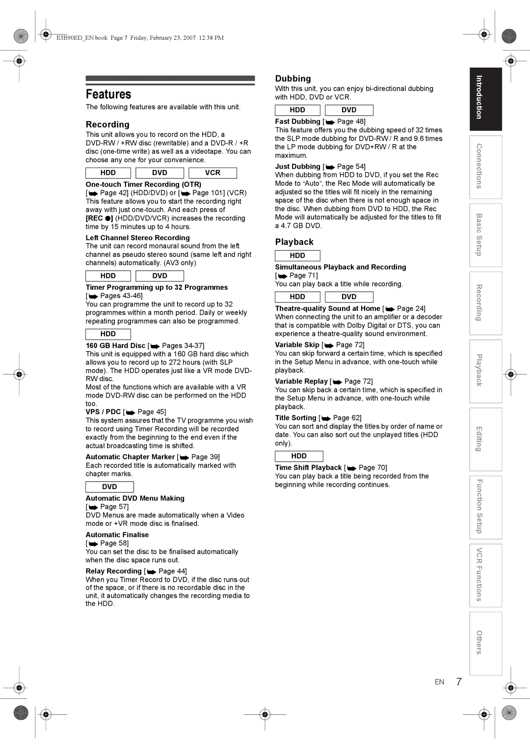 Toshiba RD-XV47KE manual Features, Recording, Dubbing, Playback 