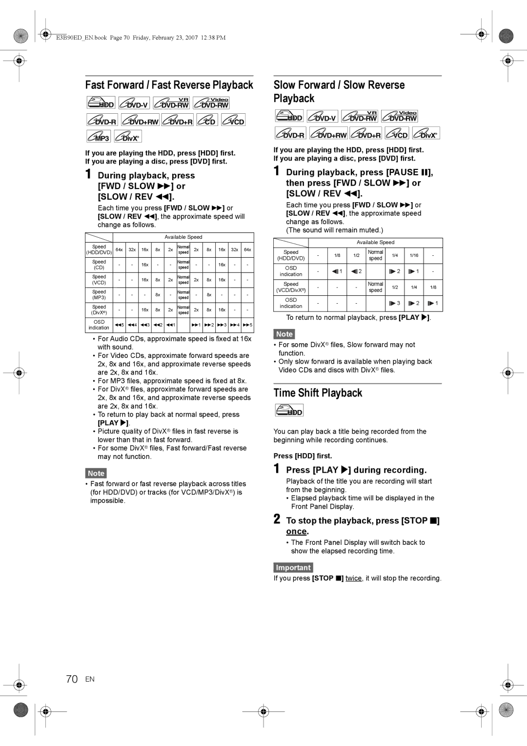 Toshiba RD-XV47KE Fast Forward / Fast Reverse Playback, Slow Forward / Slow Reverse Playback, Time Shift Playback, 70 EN 