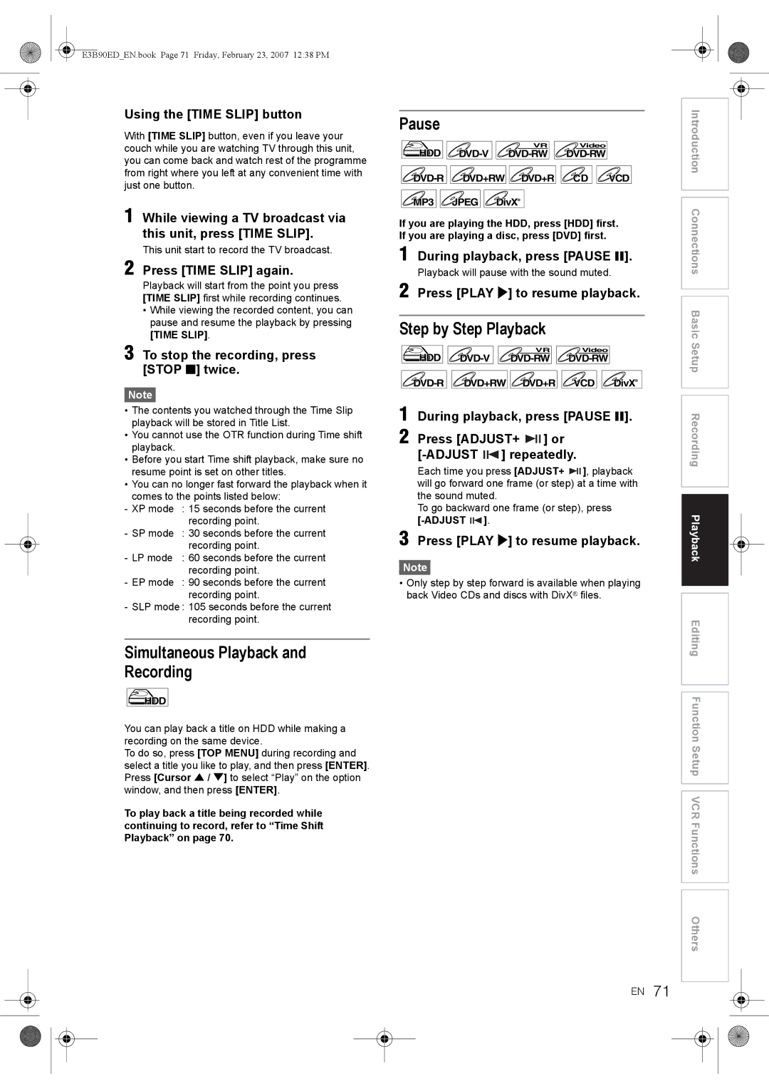 Toshiba RD-XV47KE manual Simultaneous Playback Recording, Pause, Step by Step Playback 