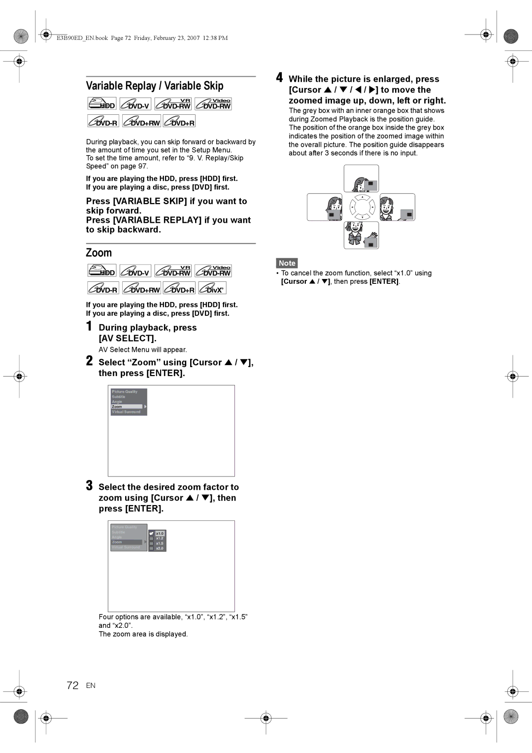 Toshiba RD-XV47KE manual Variable Replay / Variable Skip, Zoom, 72 EN, During playback, press AV Select 