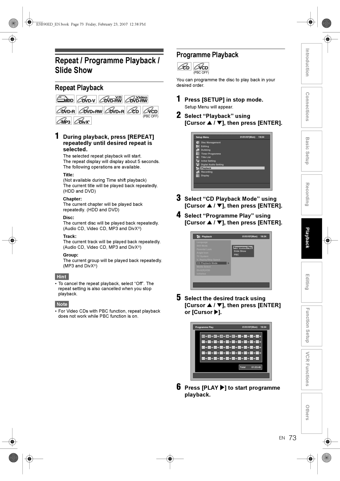 Toshiba RD-XV47KE Repeat / Programme Playback / Slide Show, Repeat Playback, Press Play P to start programme playback 