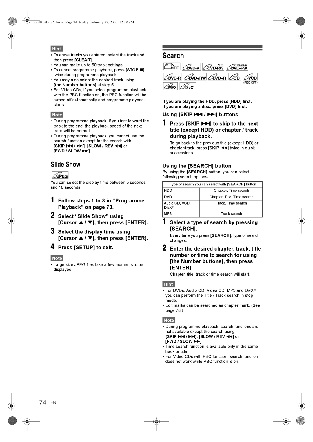 Toshiba RD-XV47KE manual Slide Show, 74 EN, Using the Search button, Select a type of search by pressing Search 