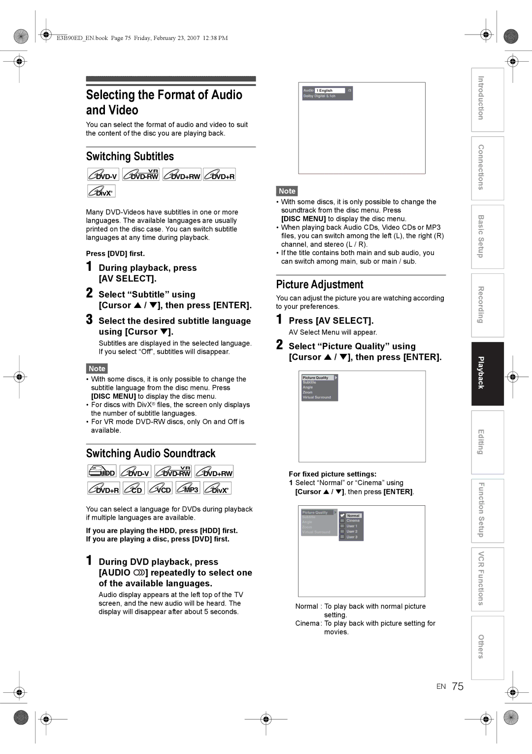 Toshiba RD-XV47KE manual Selecting the Format of Audio and Video, Switching Subtitles, Switching Audio Soundtrack 