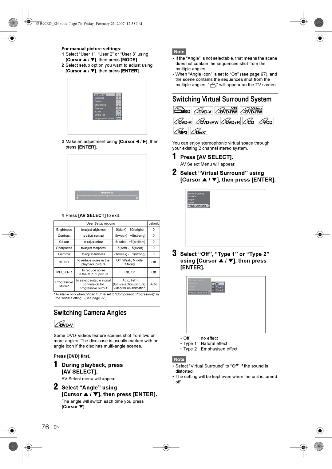 Toshiba RD-XV47KE manual Switching Camera Angles, Switching Virtual Surround System, 76 EN 