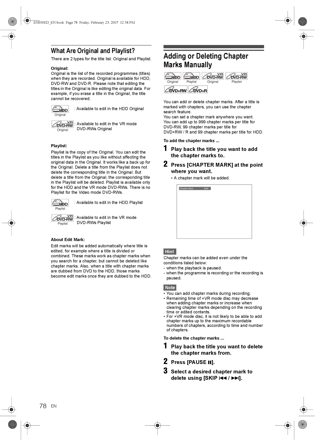 Toshiba RD-XV47KE manual Adding or Deleting Chapter Marks Manually, What Are Original and Playlist?, 78 EN 