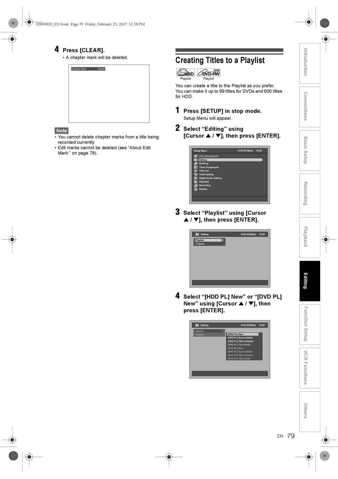 Toshiba RD-XV47KE manual Creating Titles to a Playlist, Press Clear, Select Playlist using Cursor Then press Enter, Editing 