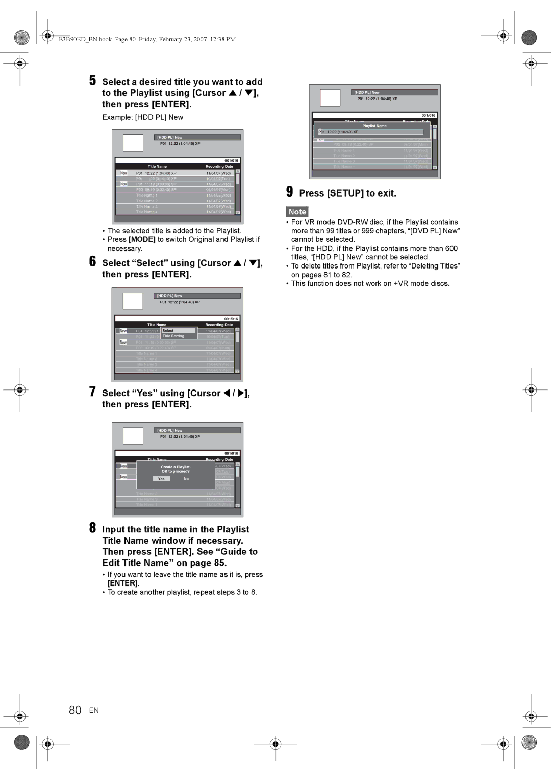 Toshiba RD-XV47KE manual 80 EN, Select Select using Cursor U / D, then press Enter, Example HDD PL New 