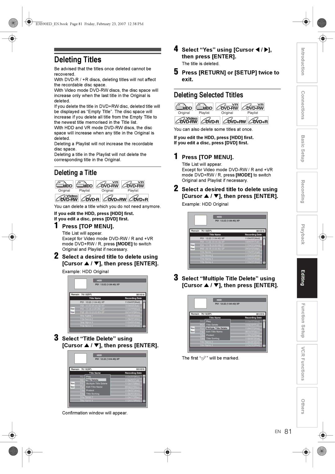 Toshiba RD-XV47KE manual Deleting Titles, Deleting a Title, Deleting Selected Ttitles, Press Return or Setup twice to exit 