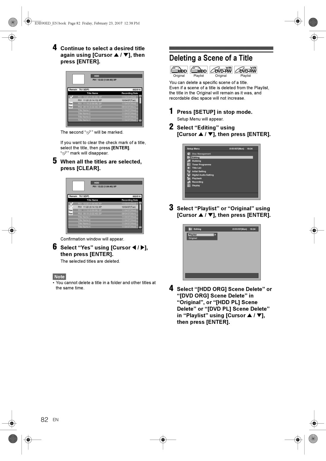 Toshiba RD-XV47KE manual Deleting a Scene of a Title, 82 EN, When all the titles are selected, press Clear 