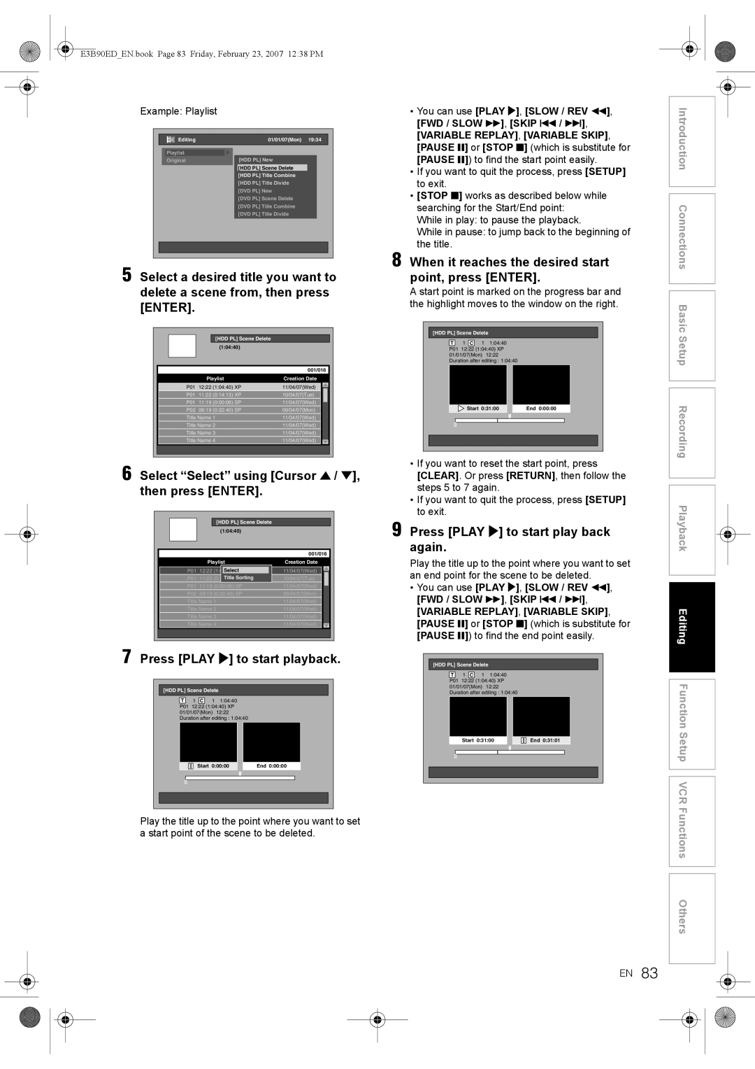 Toshiba RD-XV47KE manual When it reaches the desired start point, press Enter, Press Play P to start play back again 