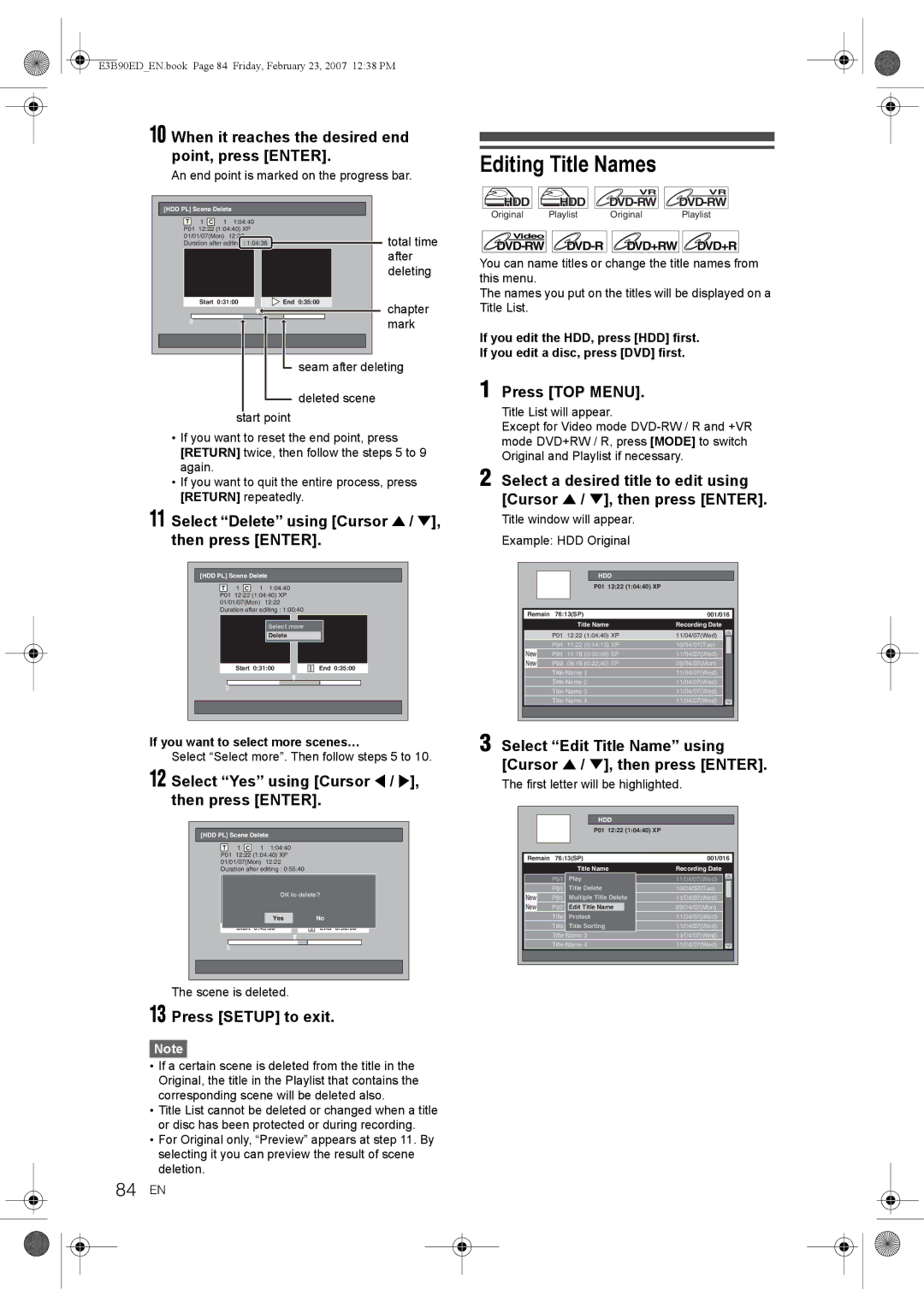 Toshiba RD-XV47KE manual Editing Title Names, 84 EN, When it reaches the desired end point, press Enter 