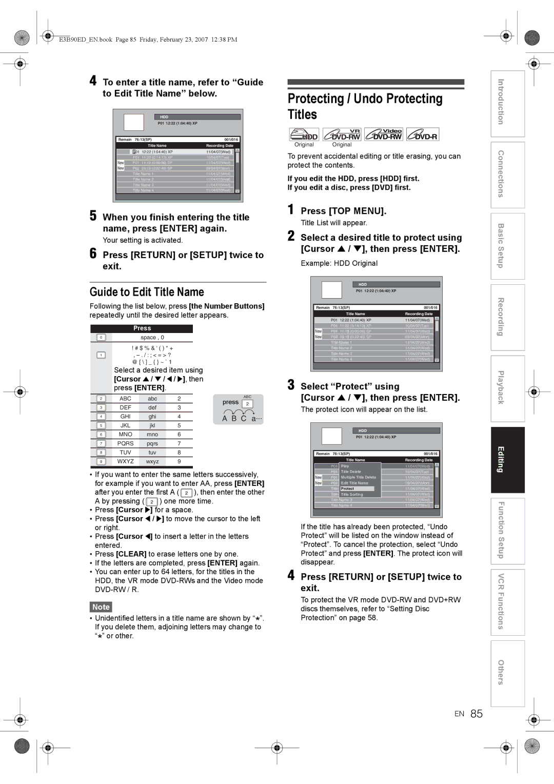 Toshiba RD-XV47KE manual Protecting / Undo Protecting Titles, Guide to Edit Title Name 