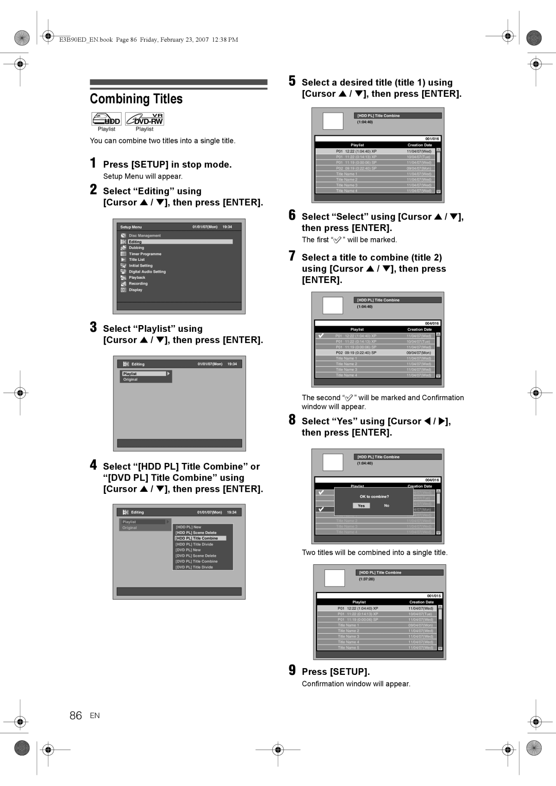 Toshiba RD-XV47KE manual Combining Titles, 86 EN, Press Setup, Second will be marked and Confirmation window will appear 