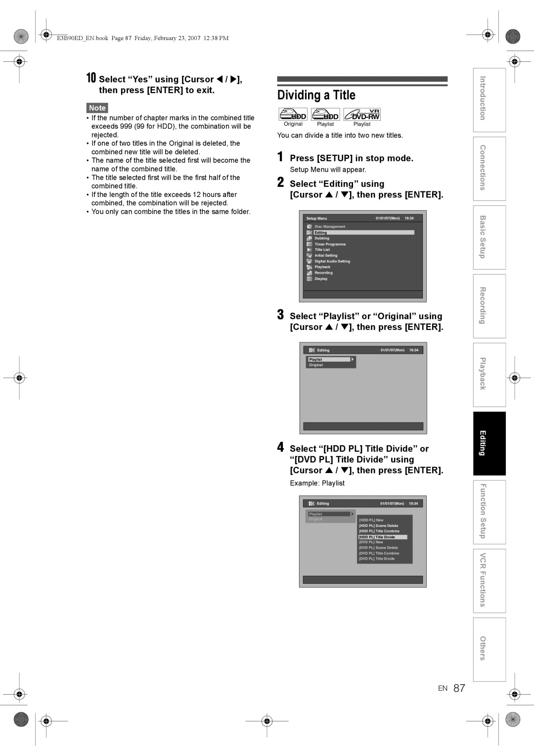 Toshiba RD-XV47KE manual Dividing a Title, Select Yes using Cursor L / P, then press Enter to exit, Setup Menu will appear 