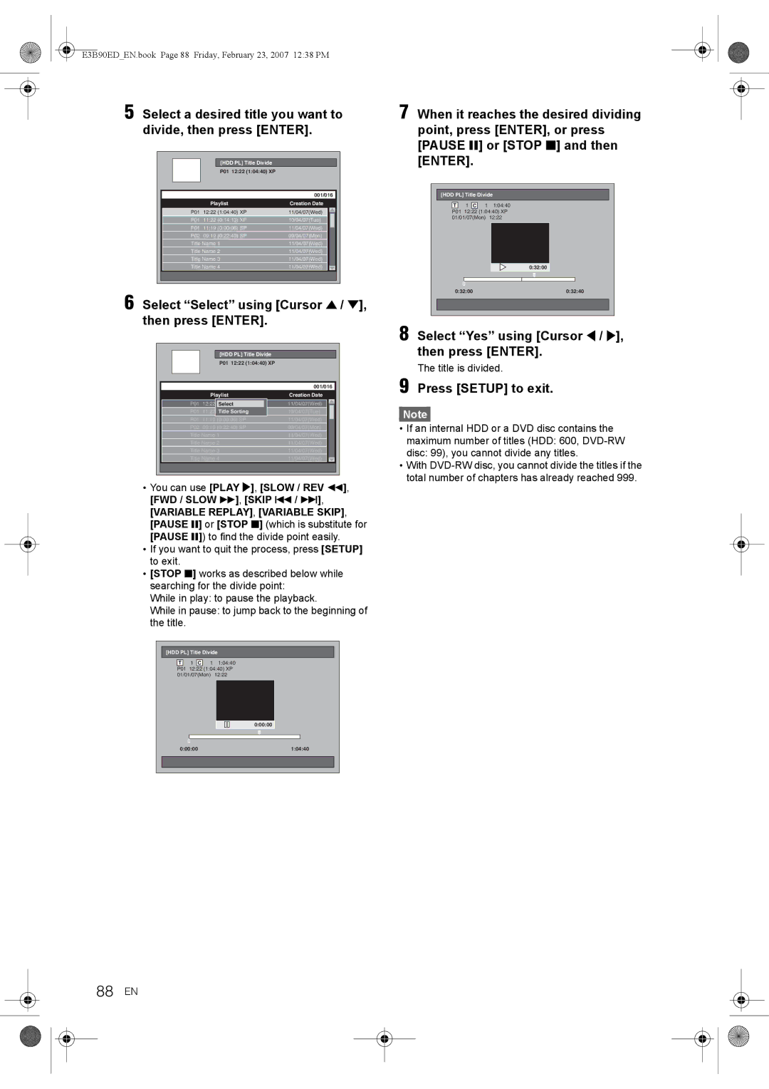 Toshiba RD-XV47KE manual 88 EN, Select a desired title you want to divide, then press Enter, Title is divided 