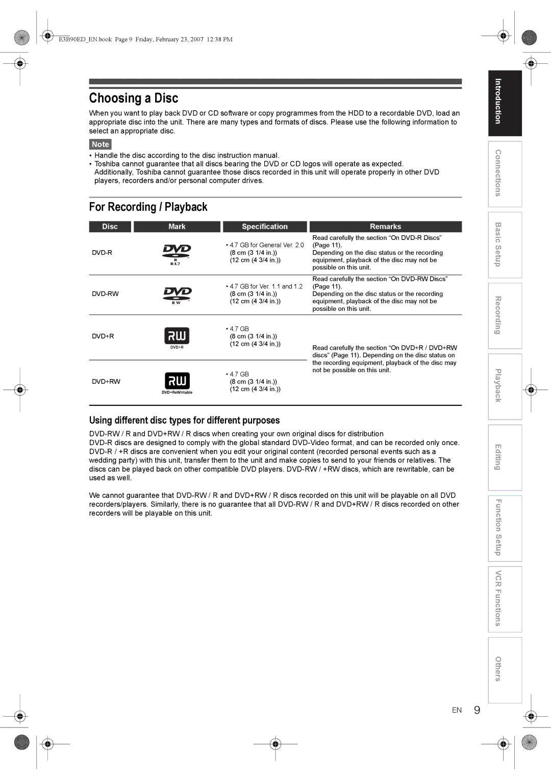 Toshiba RD-XV47KE manual Choosing a Disc, For Recording / Playback, Using different disc types for different purposes 