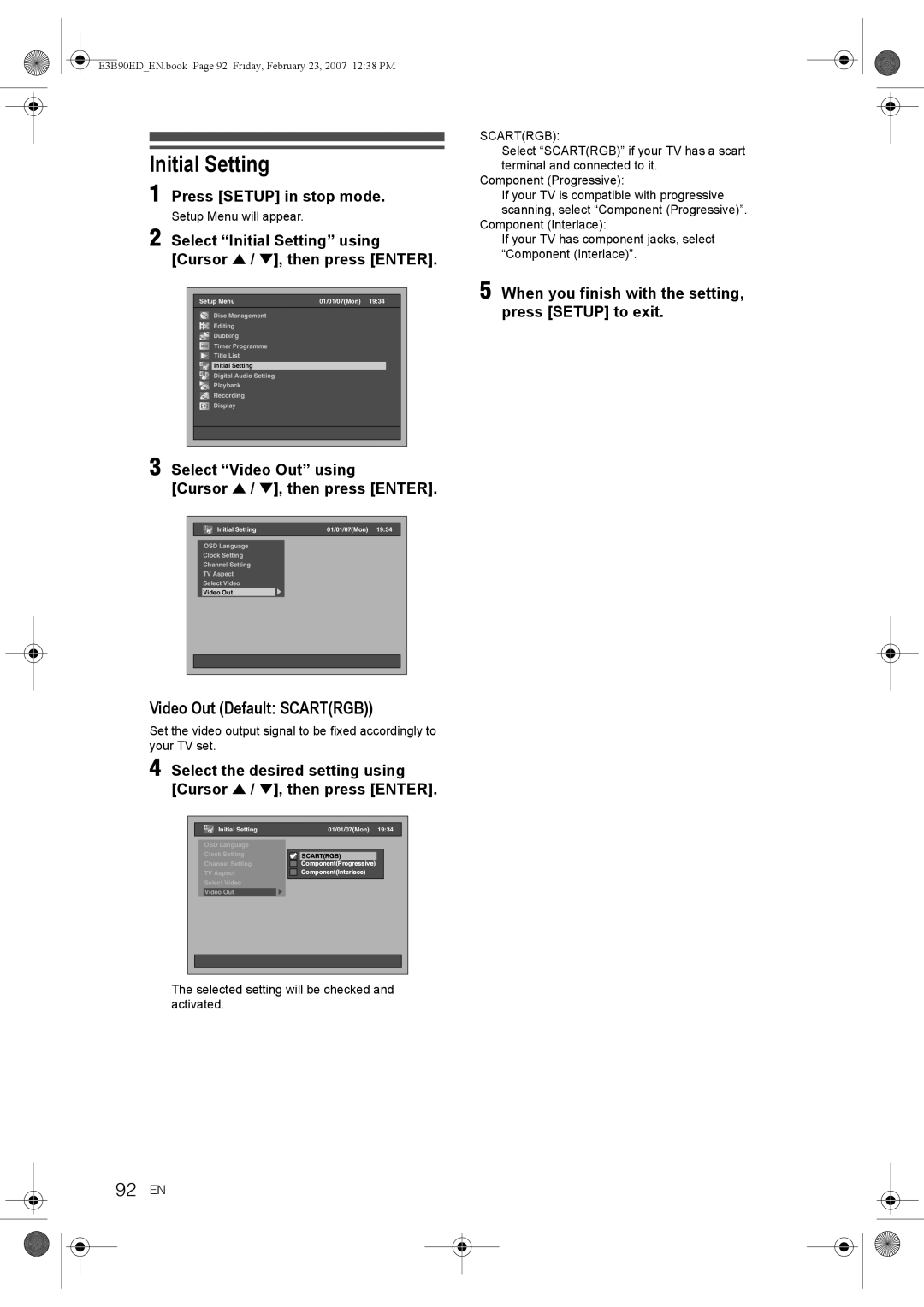 Toshiba RD-XV47KE manual Initial Setting, 92 EN, Video Out Default Scartrgb 