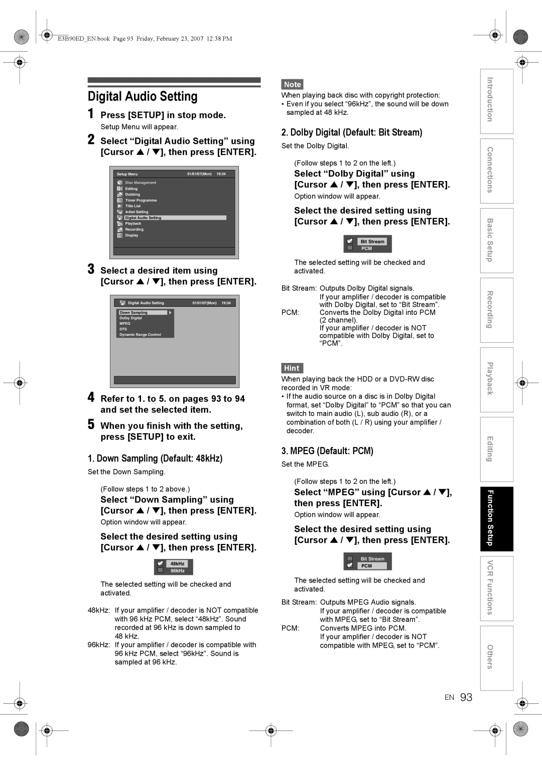 Toshiba RD-XV47KE Digital Audio Setting, Down Sampling Default 48kHz, Dolby Digital Default Bit Stream, Mpeg Default PCM 