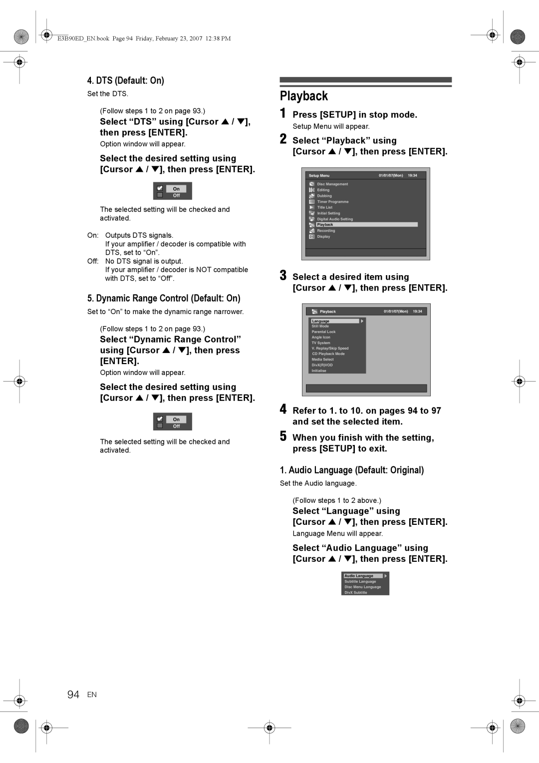 Toshiba RD-XV47KE manual Playback, 94 EN, DTS Default On, Dynamic Range Control Default On, Audio Language Default Original 