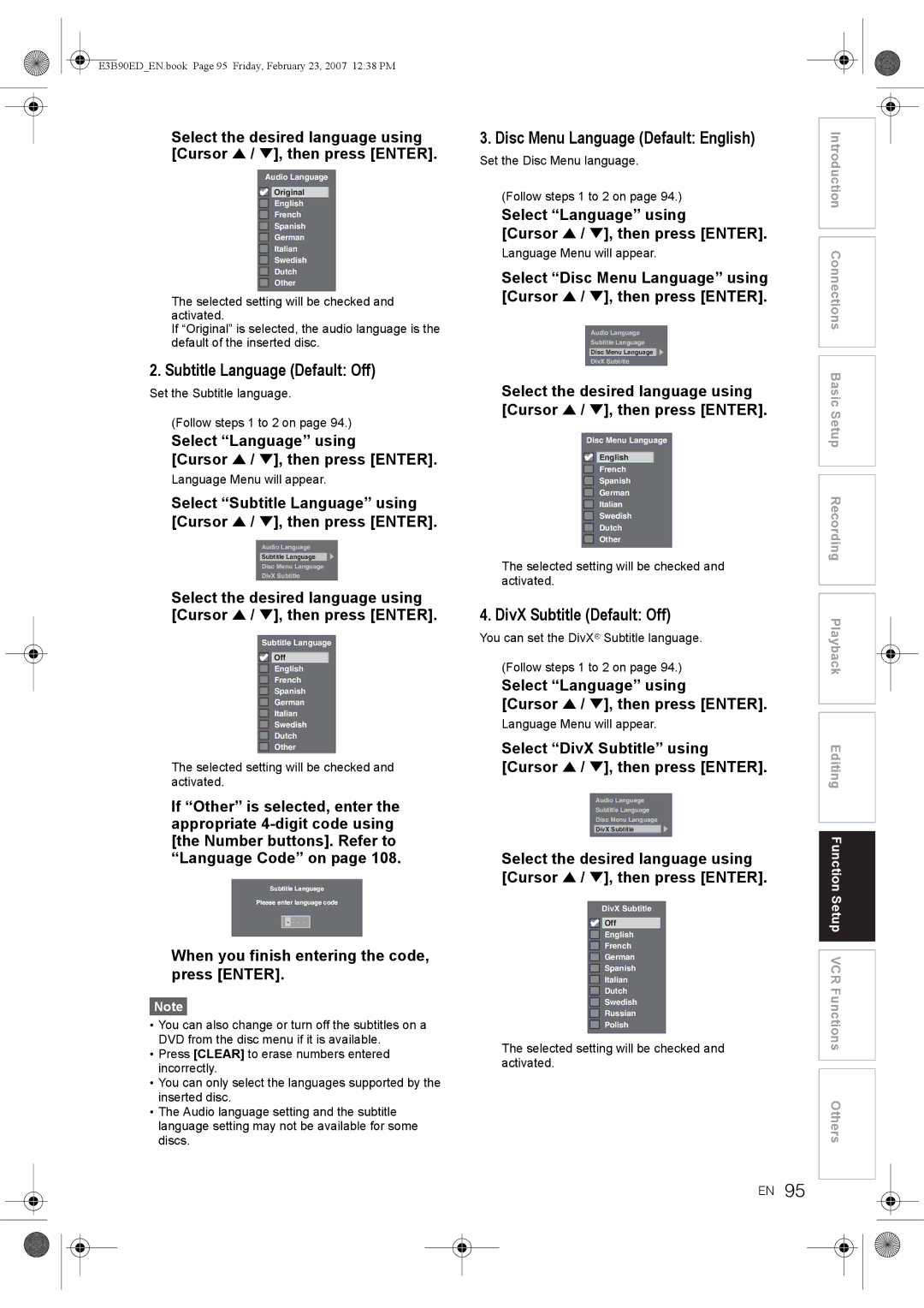 Toshiba RD-XV47KE manual Subtitle Language Default Off, Disc Menu Language Default English, DivX Subtitle Default Off 