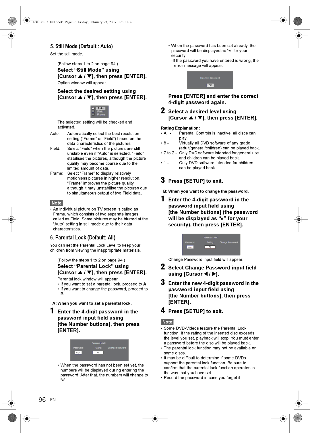 Toshiba RD-XV47KE manual 96 EN, Still Mode Default Auto, Parental Lock Default All 