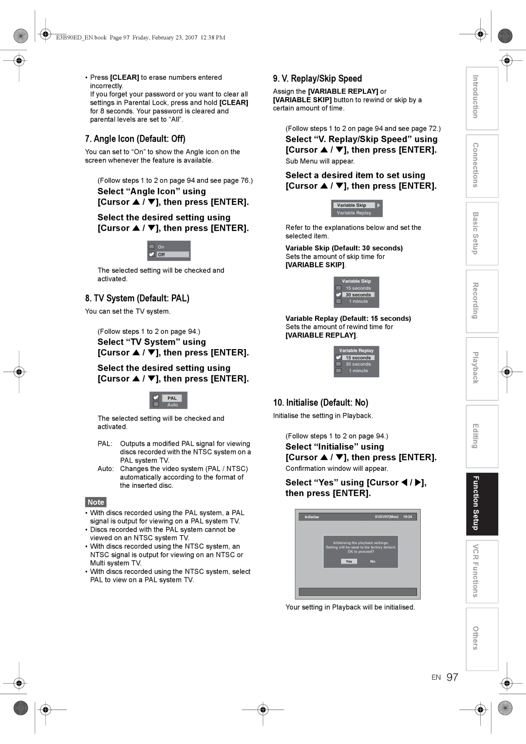 Toshiba RD-XV47KE manual Angle Icon Default Off, TV System Default PAL, Replay/Skip Speed, Initialise Default No 