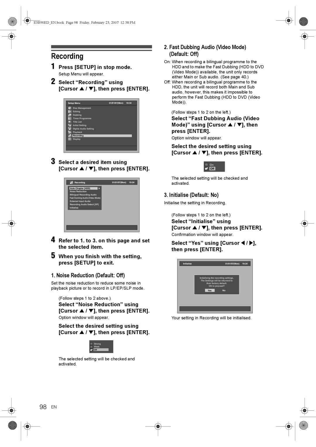 Toshiba RD-XV47KE manual Recording, 98 EN, Noise Reduction Default Off, Fast Dubbing Audio Video Mode Default Off 