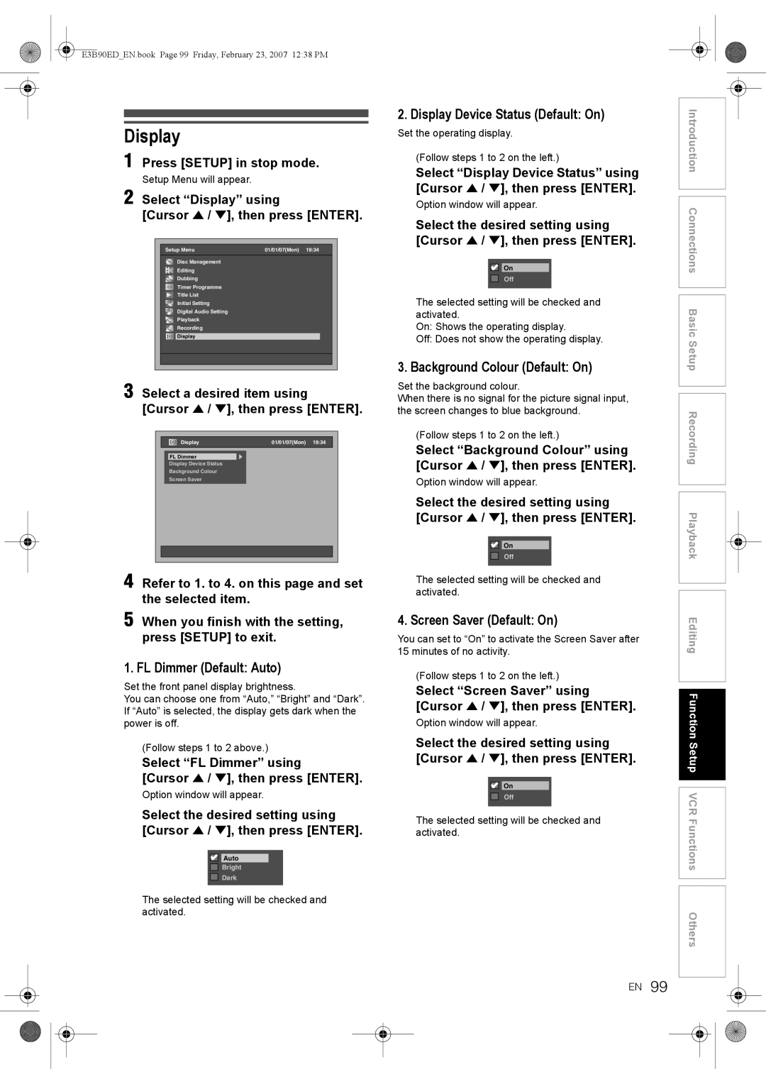 Toshiba RD-XV47KE manual Display Device Status Default On, Background Colour Default On, Screen Saver Default On 