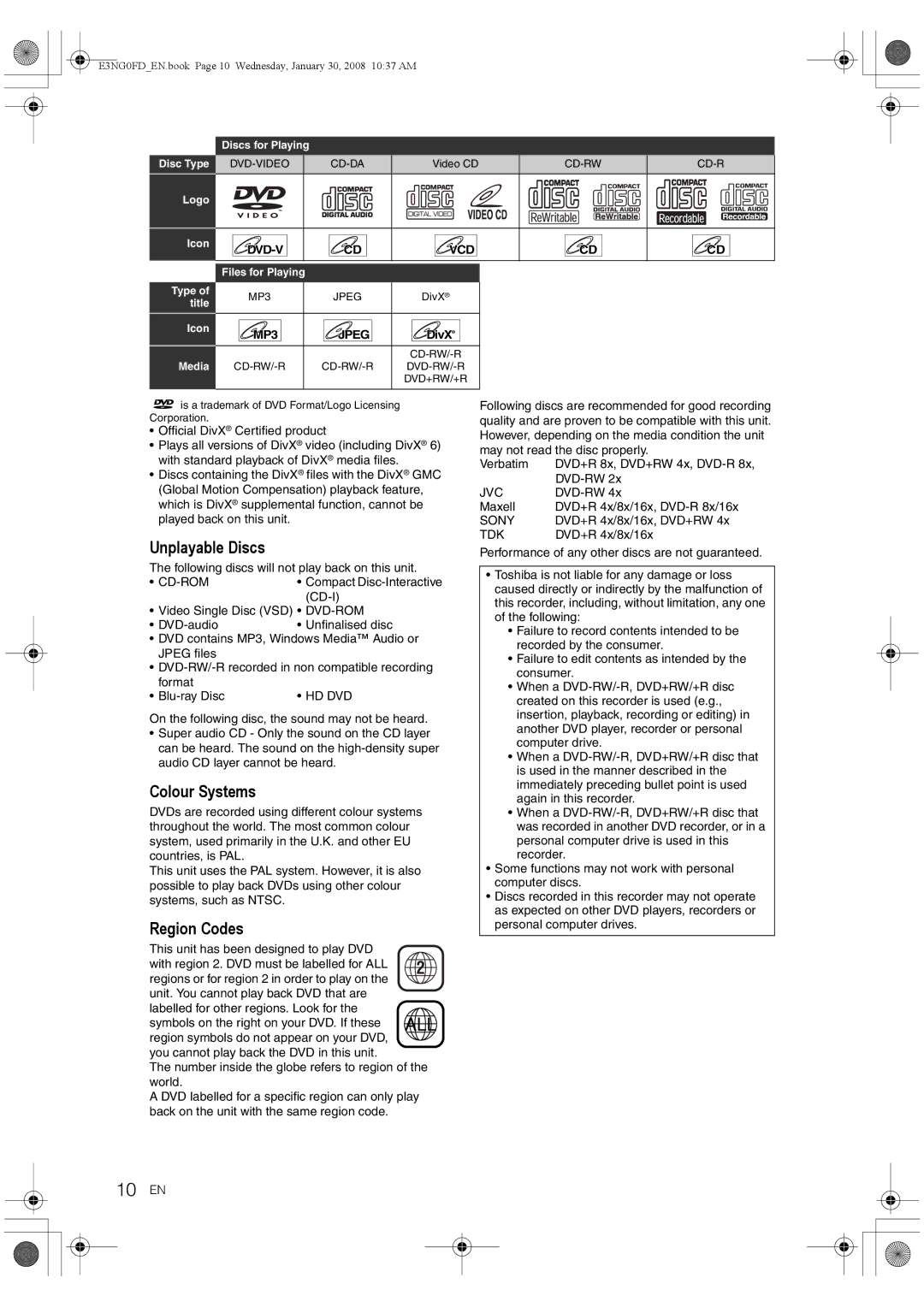 Toshiba RD-XV48DTKF owner manual 10 EN, Unplayable Discs, Colour Systems, Region Codes 