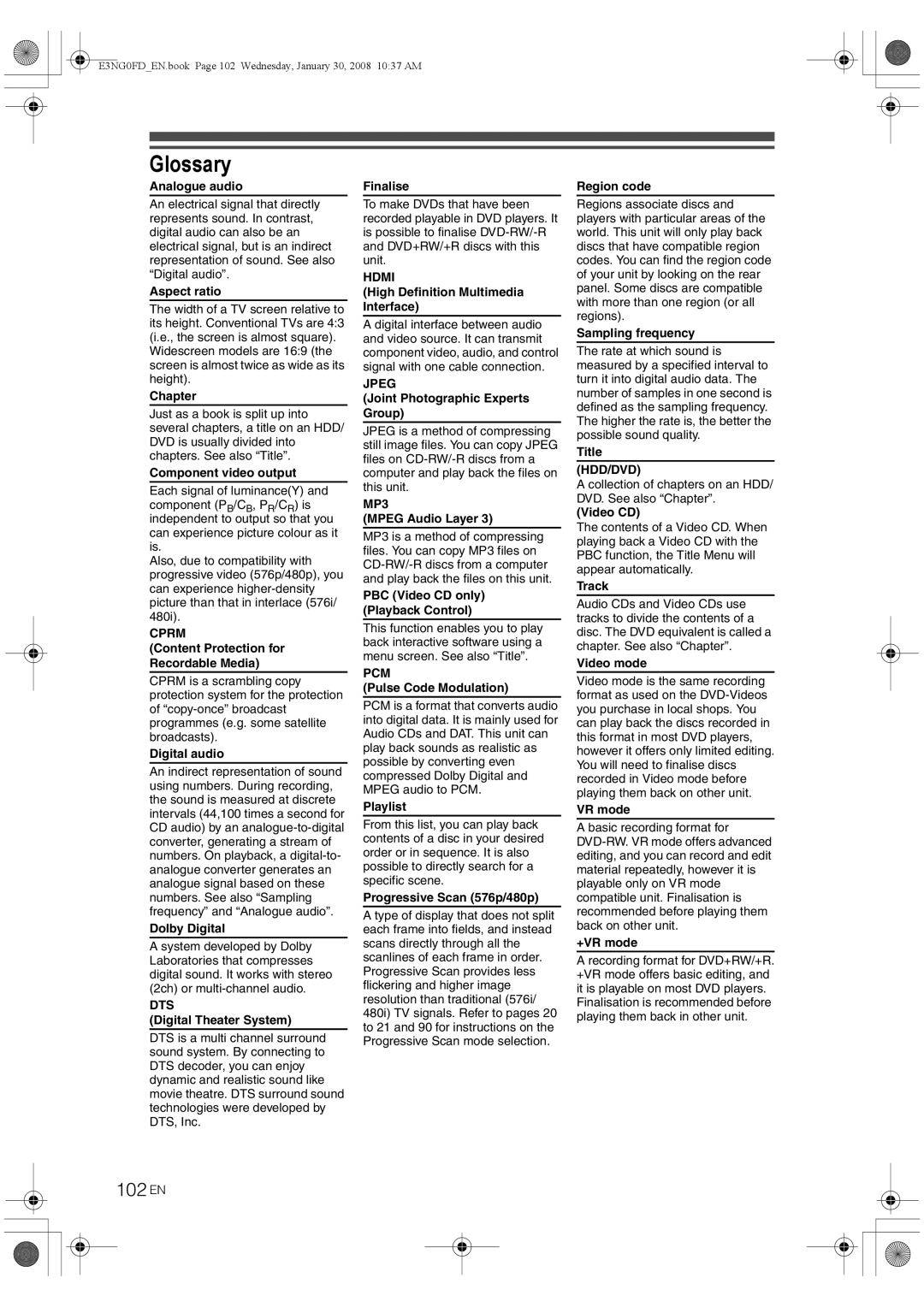 Toshiba RD-XV48DTKF owner manual Glossary, 102 EN 