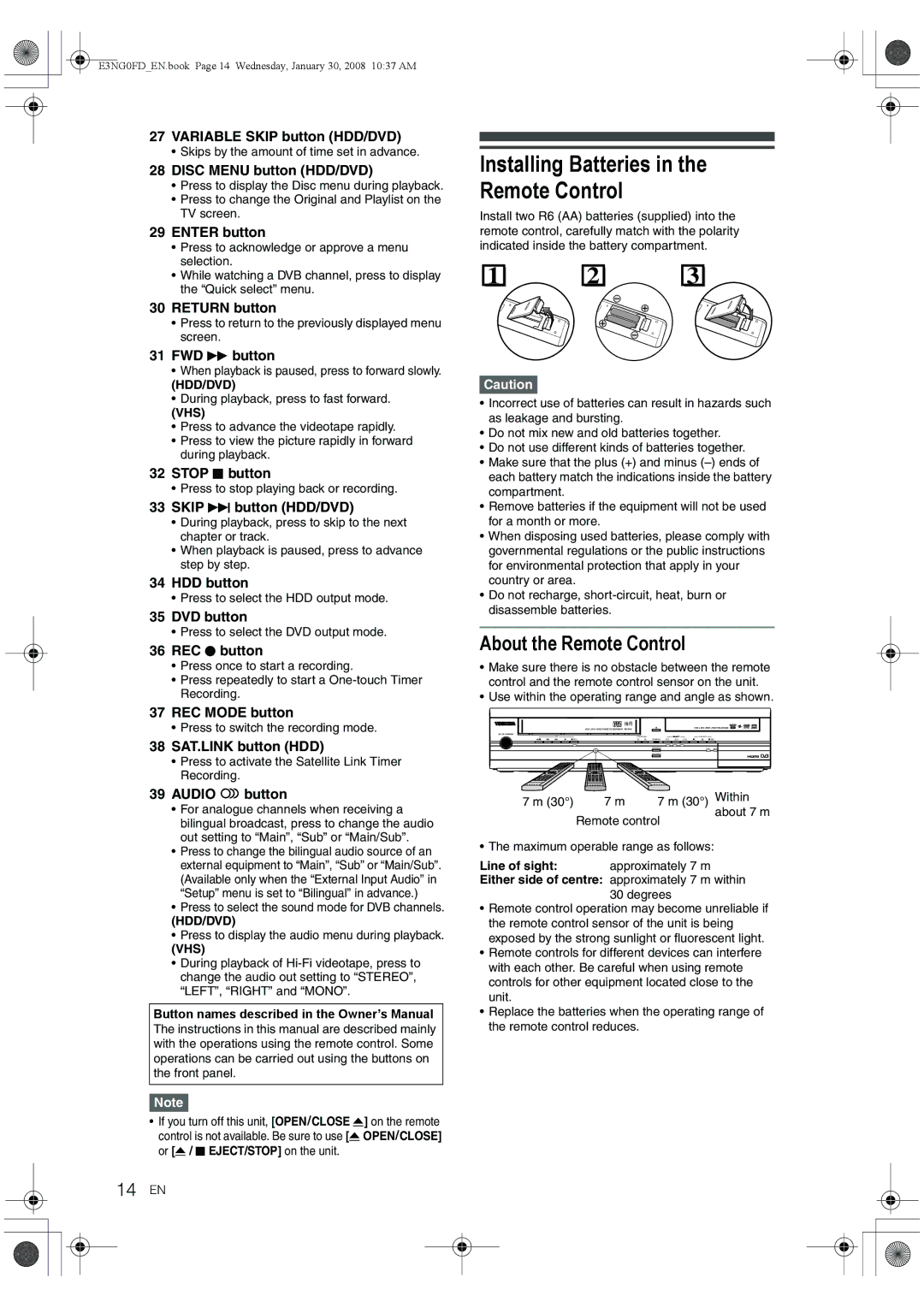 Toshiba RD-XV48DTKF owner manual Installing Batteries in the Remote Control, About the Remote Control, 14 EN 