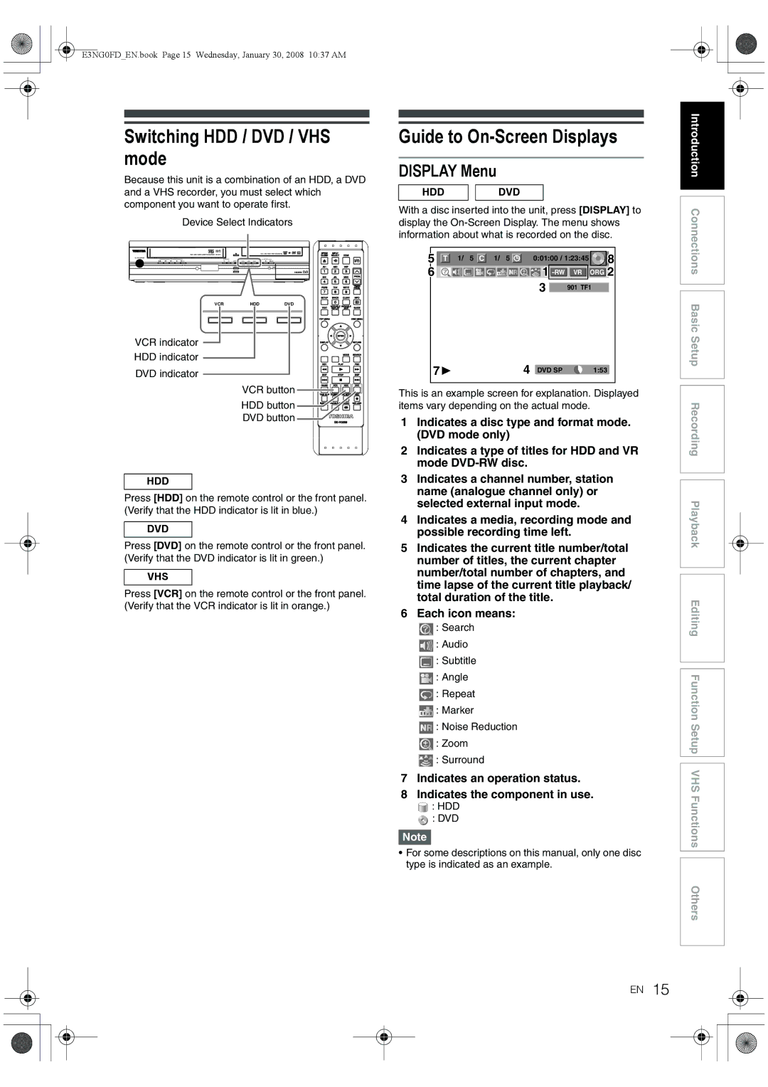 Toshiba RD-XV48DTKF owner manual Switching HDD / DVD / VHS mode, Guide to On-Screen Displays, Display Menu 