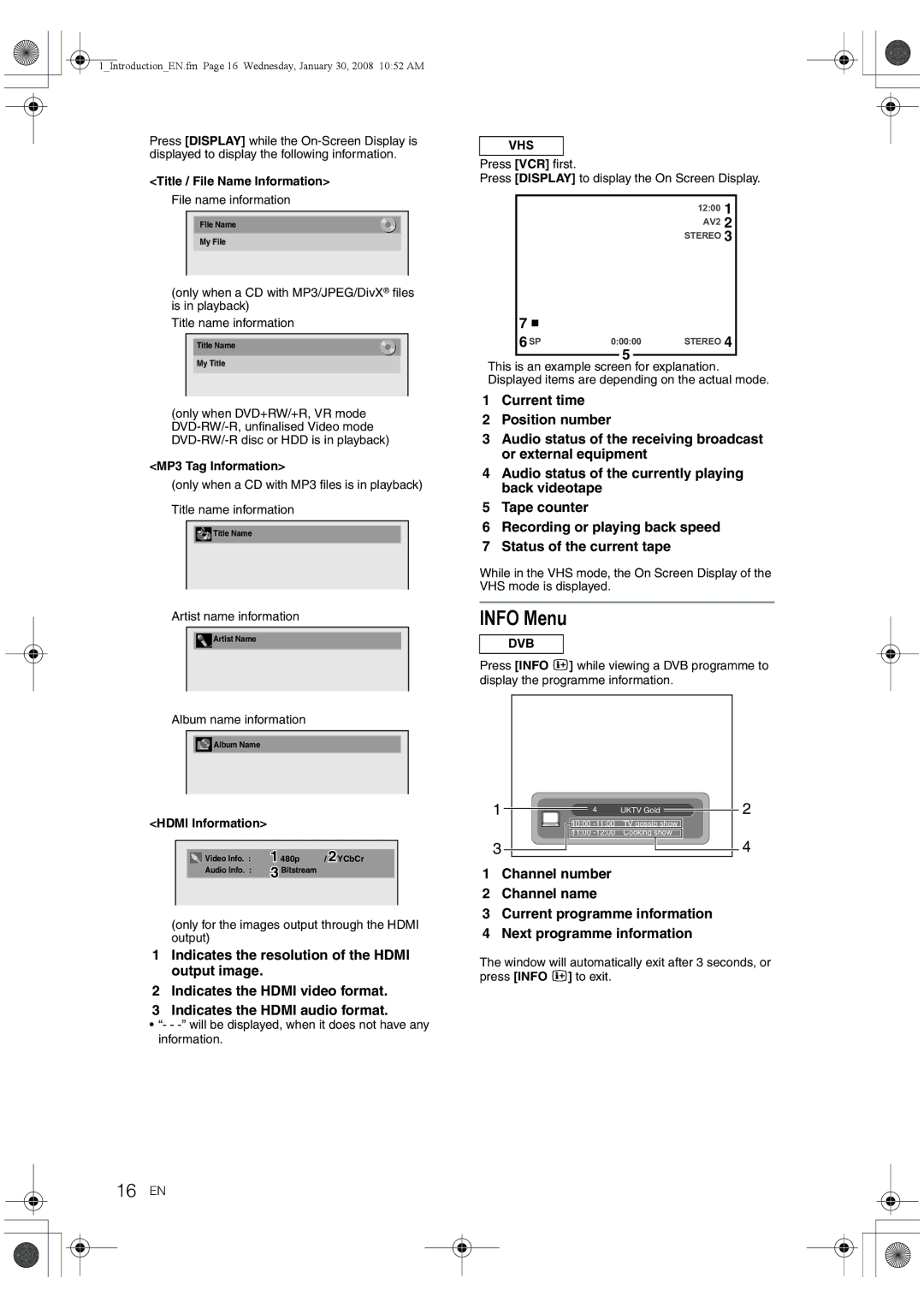 Toshiba RD-XV48DTKF owner manual Info Menu, 16 EN, Title / File Name Information, MP3 Tag Information 