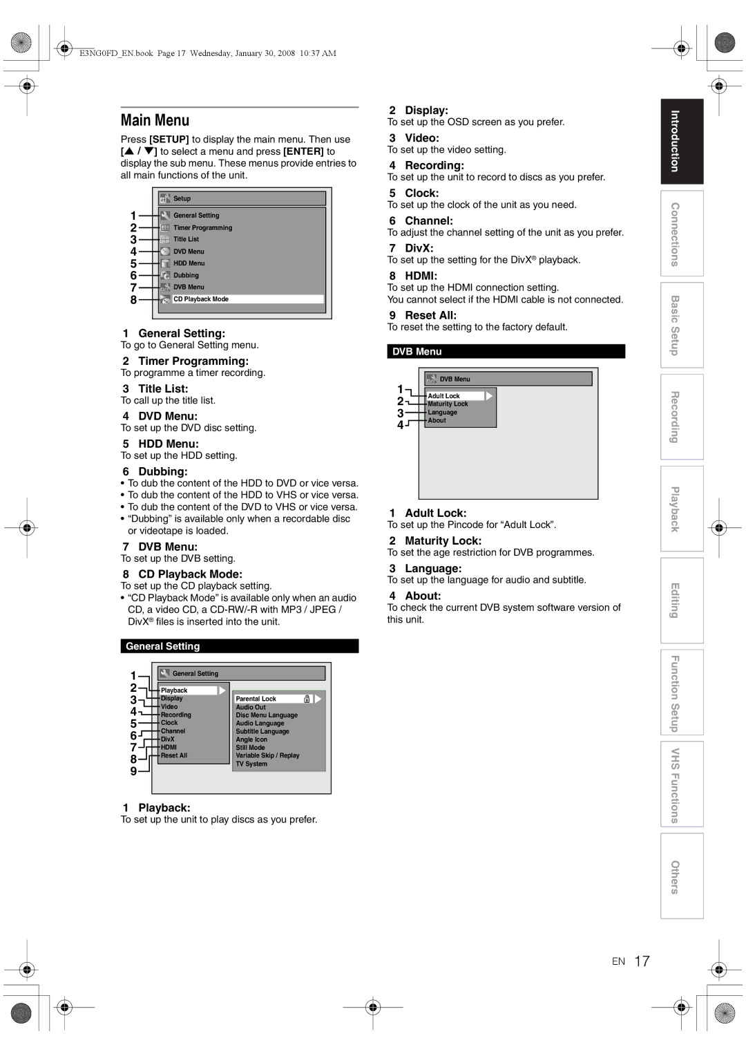 Toshiba RD-XV48DTKF owner manual Main Menu 