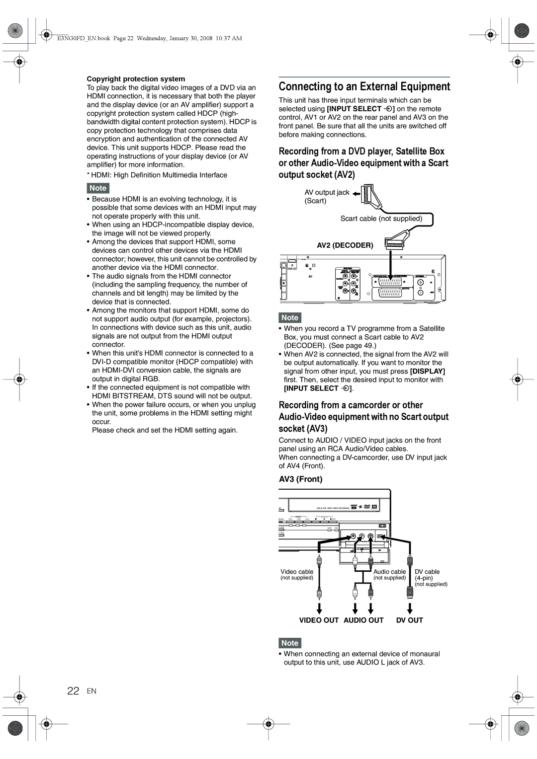 Toshiba RD-XV48DTKF owner manual Connecting to an External Equipment, 22 EN, AV3 Front, Copyright protection system 