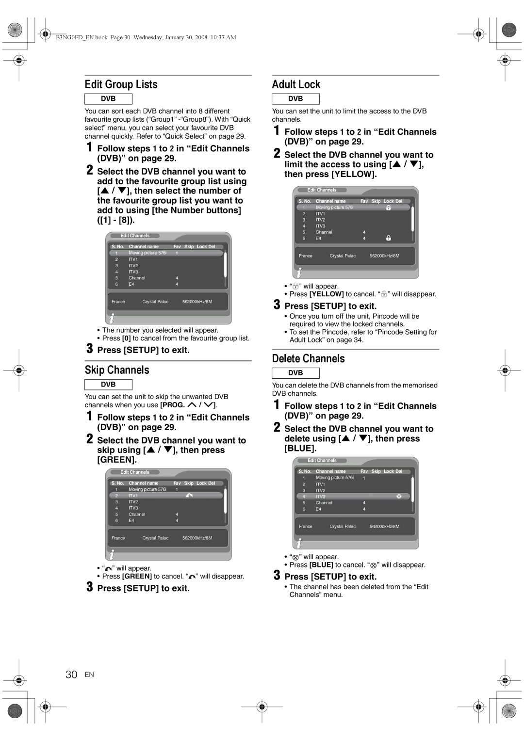 Toshiba RD-XV48DTKF owner manual Edit Group Lists, Skip Channels, Adult Lock, Delete Channels, 30 EN 