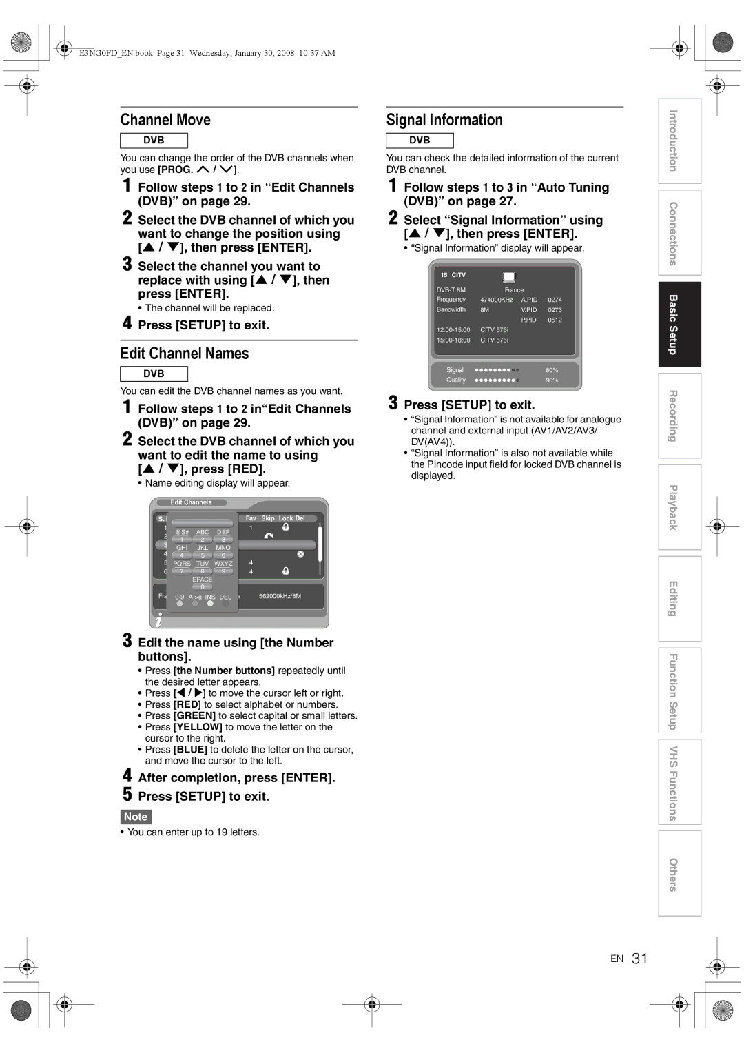 Toshiba RD-XV48DTKF Channel Move, Edit Channel Names, Signal Information, Edit the name using the Number buttons 