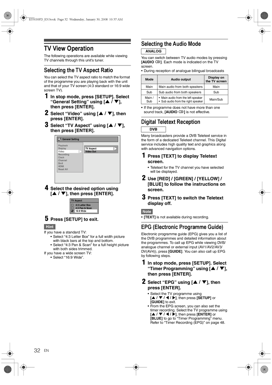 Toshiba RD-XV48DTKF TV View Operation, Selecting the TV Aspect Ratio, Selecting the Audio Mode, Digital Teletext Reception 