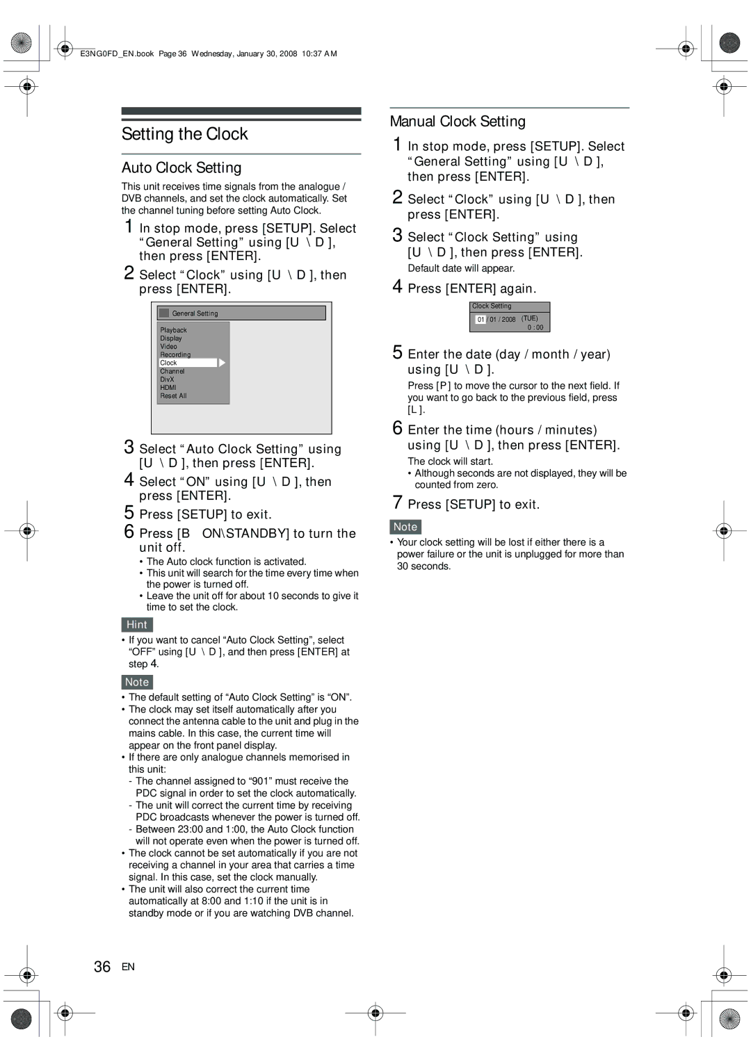 Toshiba RD-XV48DTKF owner manual Setting the Clock, Auto Clock Setting, Manual Clock Setting, 36 EN 