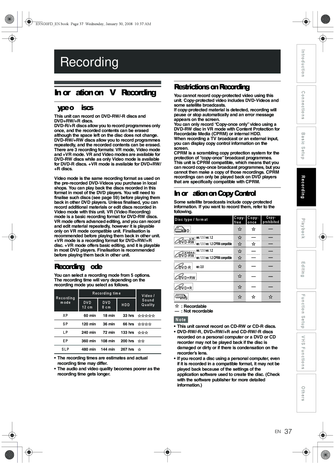 Toshiba RD-XV48DTKF owner manual Information on DVD Recording, Type of Discs, Recording Mode, Restrictions on Recording 